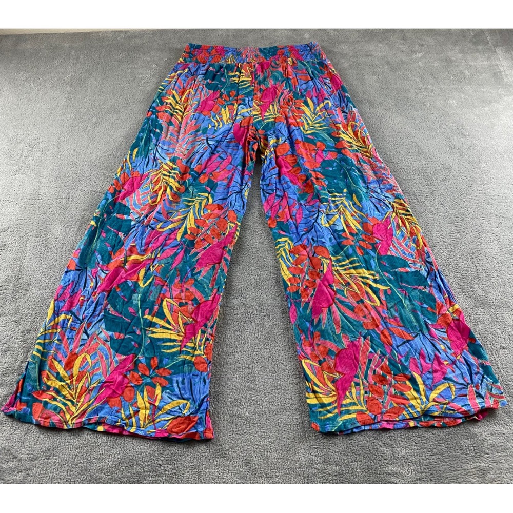 Kona Sol Womens Medium Tropical Palm Print Smocked Wide Leg Cover Up Pants Pink - Picture 13 of 15